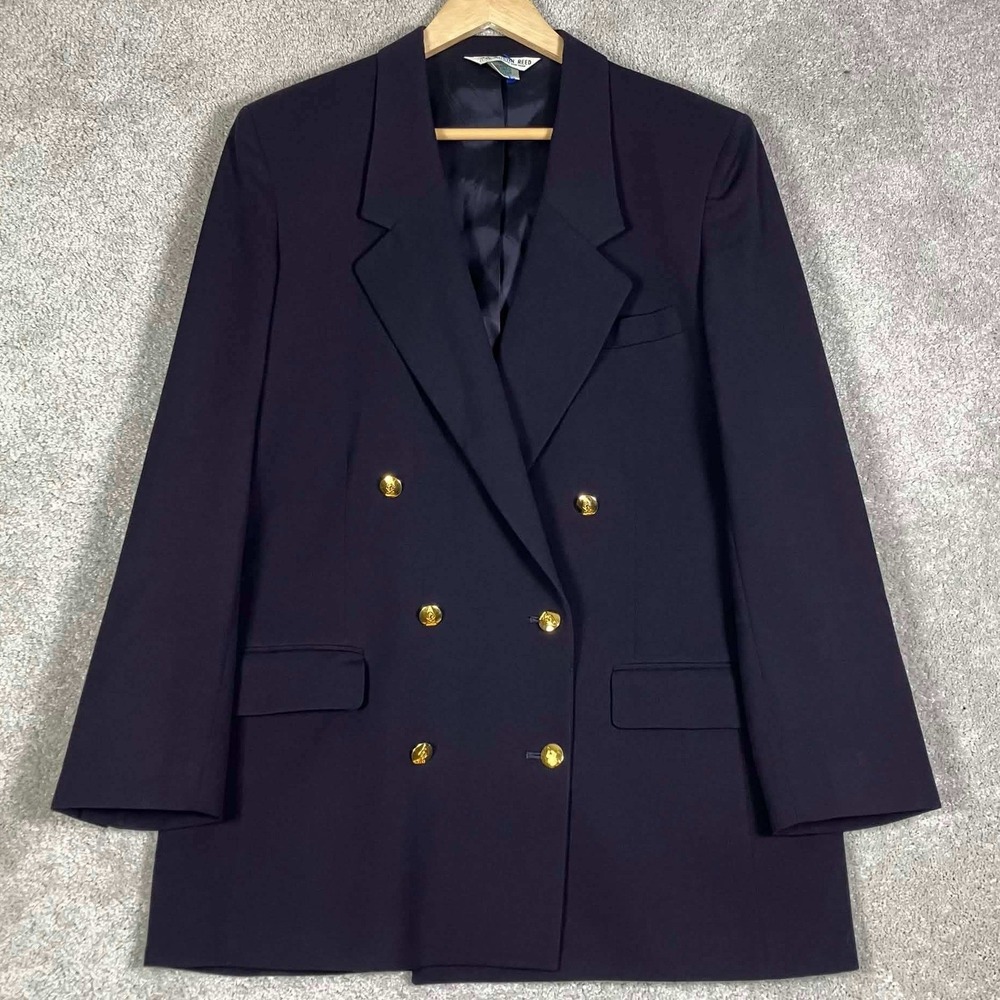Austin Reed Blazer Women 16 Blue Double Breasted Gold Button Wool Made in USA